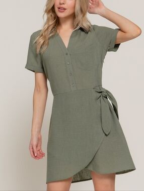 Olive Short Sleeve Wrap Dress with Tie